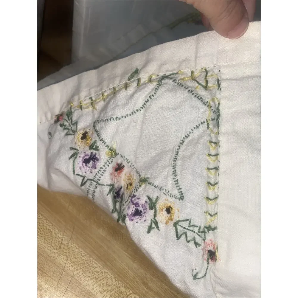 Vintage Hand Embroidered Cotton Linen Tablecloth European 32” Square